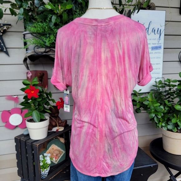 GREEN TEA ♡ NWT Gorgeous Pink Cuffed Short Sleeve Rounded Hem Tie Dye Tunic S - Picture 6 of 15